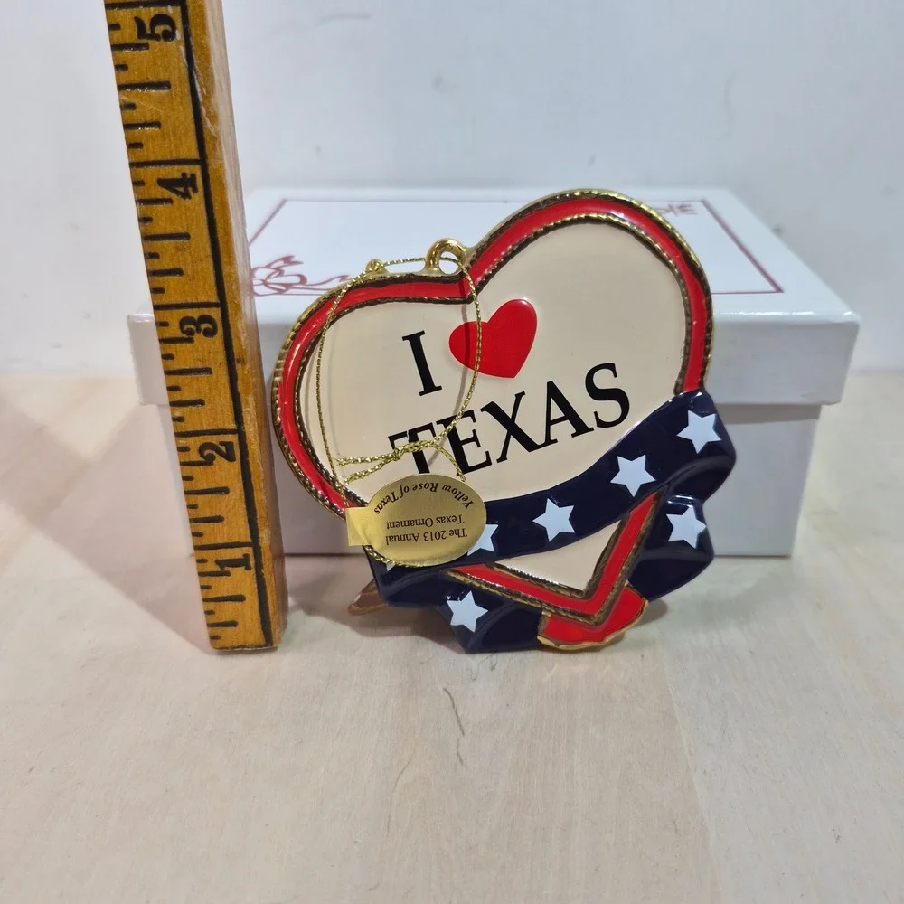Yellow Rose of Texas 2013 Annual Texas Ornament Heart Patriotic Stars Boxed
